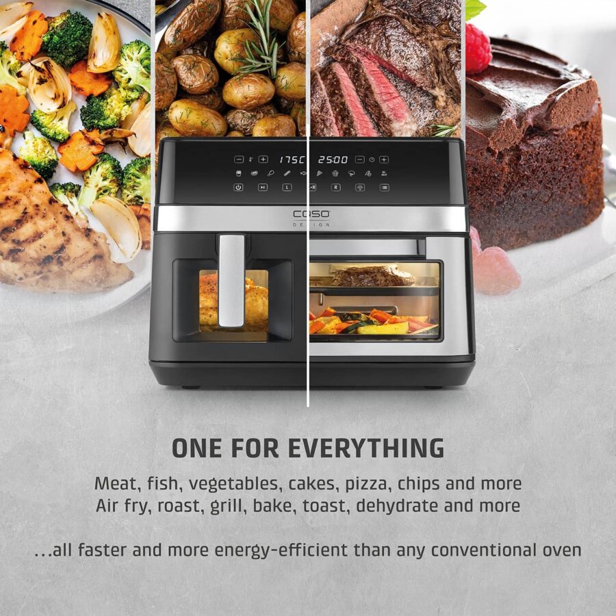 Caso AirFry ChefDuo All-in-One split view: left shows dual-basket air fry mode, right shows oven mode without baskets.