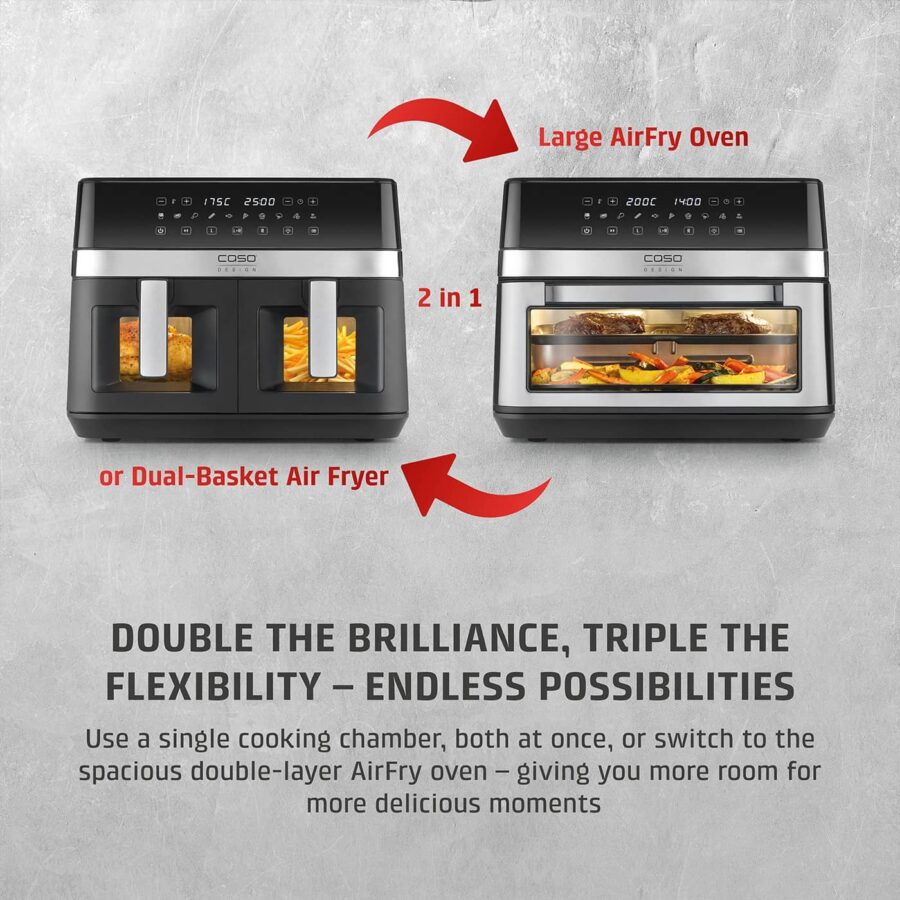 Poster showing Caso AirFry ChefDuo in dual-basket and oven modes with promo text highlighting flexibility and capacity.