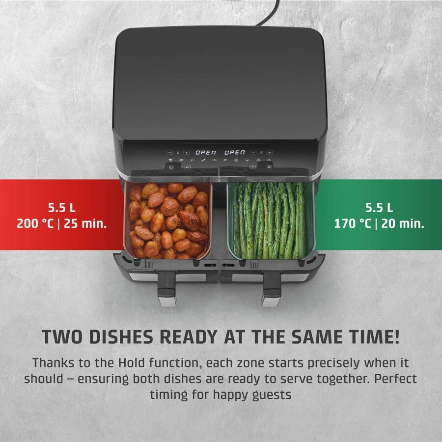 Poster of Caso AirFry ChefDuo showing dual baskets cooking potatoes and asparagus at different temps and times simultaneously