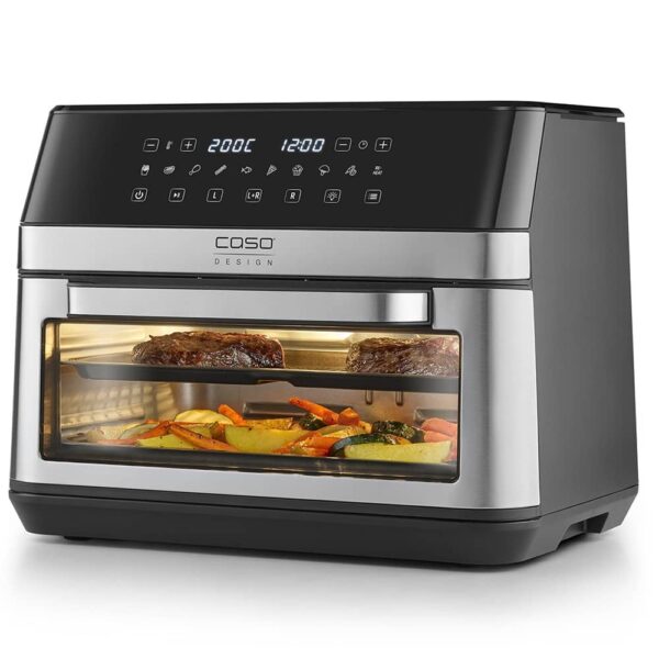 Caso AirFry ChefDuo Oven on white background with light on, cooking beef on top tray and vegetables on bottom tray.