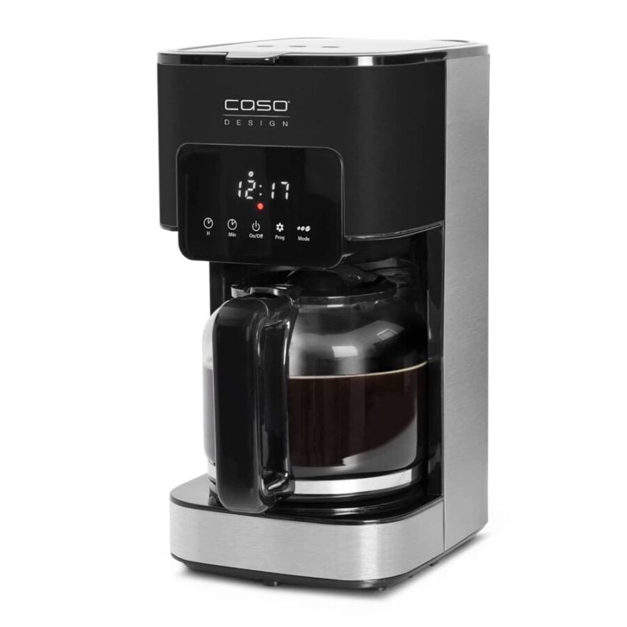 Front and side view of Caso Coffee Taste & Style machine, sleek black coffee maker on white background.