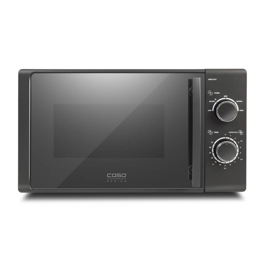 Frontal view of Caso Microwave M 20 Easy on white background, showing sleek compact design and control panel.