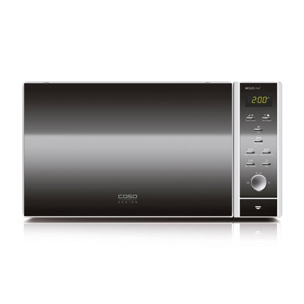 Caso Microwave MCG 25 Chef on white background with timer display illuminated, showing modern design