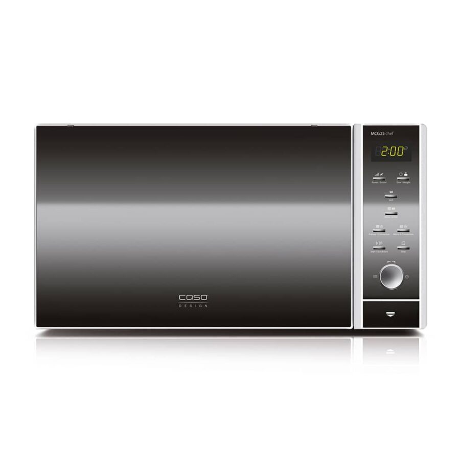 Caso Microwave MCG 25 Chef on white background with timer display illuminated, showing modern design