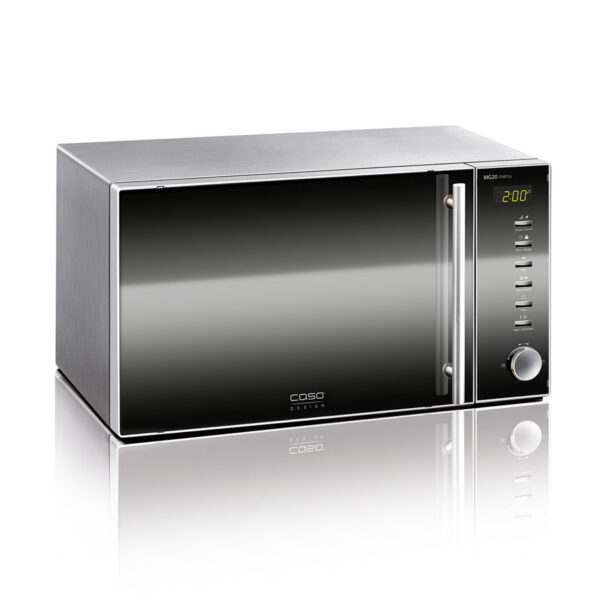 CASO MG 20 Menu microwave with 20 L capacity, 800 W microwave, 1000 W grill, stainless steel interior, and preheat function on a white background