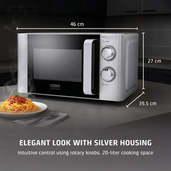 Caso Microwave MG 25 Ecostyle Ceramic 2in1 on a table top showing the dimensions of the microwave.
