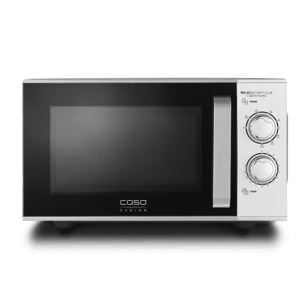 CASO MG 25 Ecostyle Ceramic with 25 L capacity, 900 W microwave, 1000 W grill, borosilicate glass bottom, and clean interior.