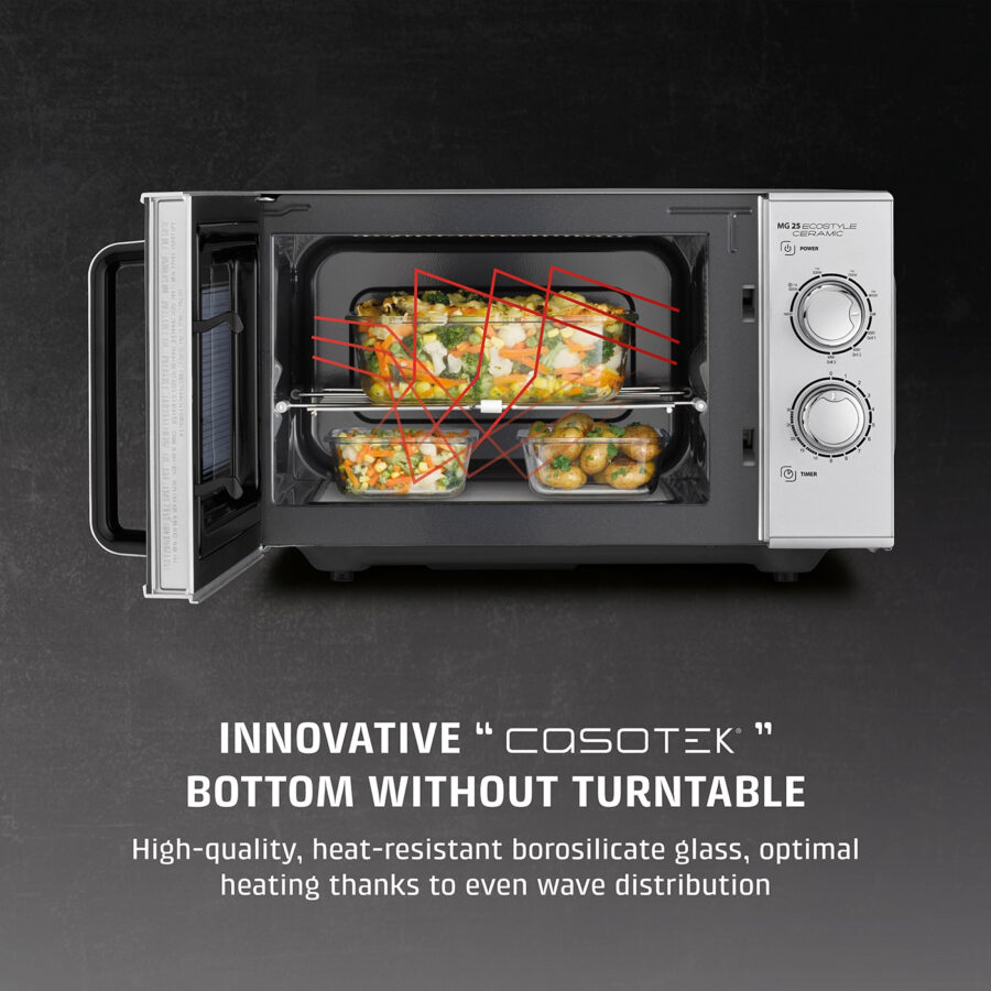 Caso Microwave MG 25 Ecostyle Ceramic Technology showing its innovative technology. High-quality, heat resistant borosilicate glass