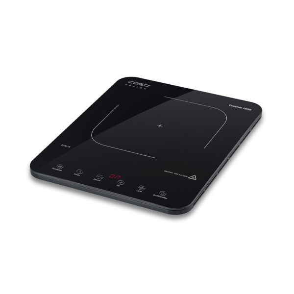 CASO ProSlim 2000 mobile induction hob with 2000W power, black glass surface, and sensor-touch controls.
