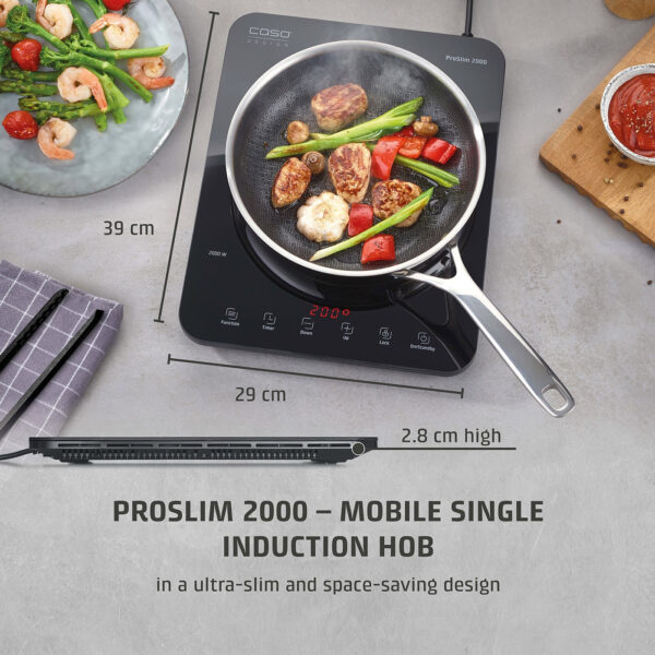 Compact 2000W induction hob with sleek all-glass surface, sensor-touch panel, and safety features.