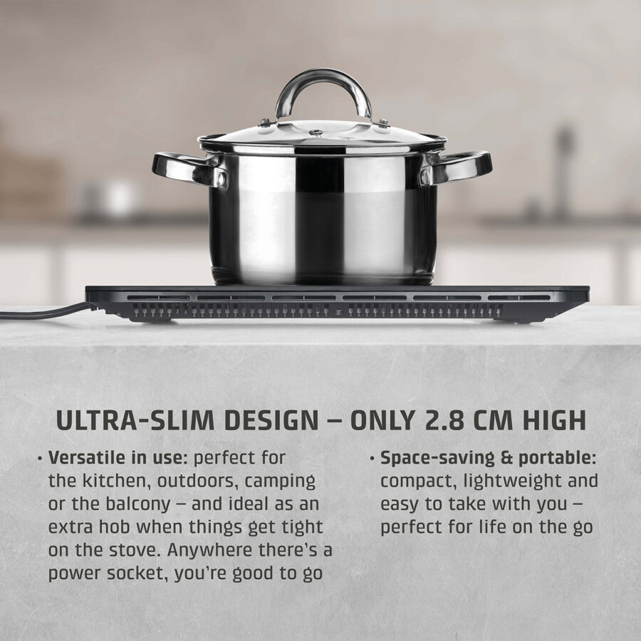 caso mobile prosim 2000 slim design compact in stainless steel placed on a black tray
