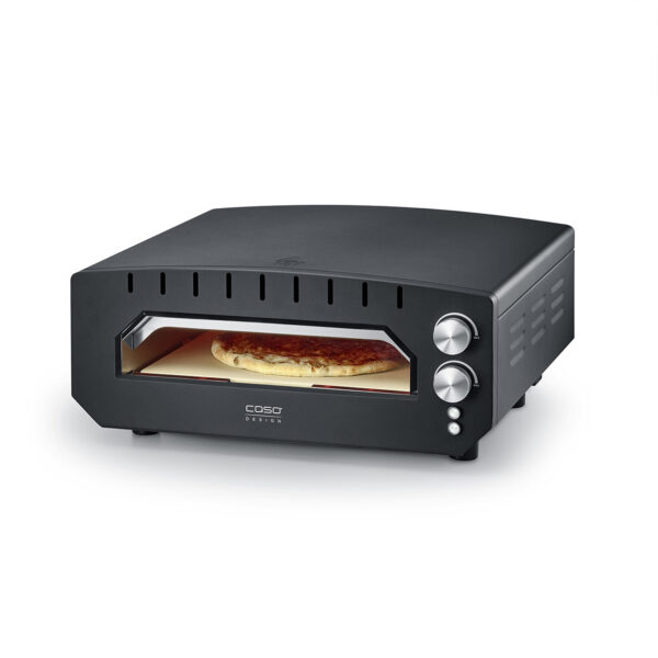 Caso Pizza Chef 400 oven with door open, pizza inside being heated, studio shot on white background.