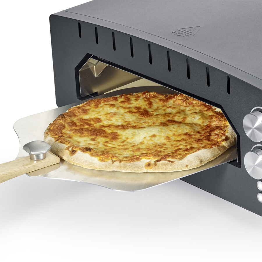 Close-up of Margherita pizza on tray being placed into Caso Pizza Chef 400 oven.