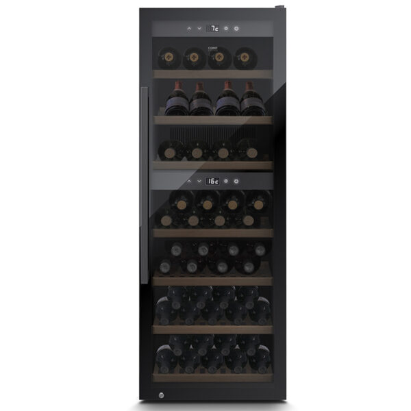 Frontal view of Caso Wine Cooler WE126 Smart, fully stocked with wine bottles, black finish, no background.