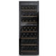 Frontal view of Caso Wine Cooler WE126 Smart, fully stocked with wine bottles, black finish, no background.