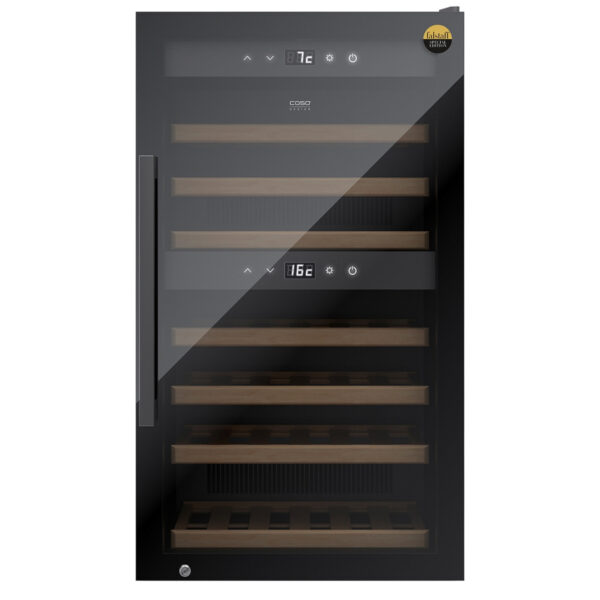 Frontal view of Caso Wine Cooler WE66 Smart, mid-size black wine cooler stocked with bottles, no background.