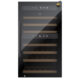 Frontal view of Caso Wine Cooler WE66 Smart, mid-size black wine cooler stocked with bottles, no background.