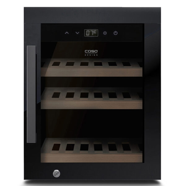 WineExclusive 12 wine cooler with sleek glass front, empty shelves visible, premium wine storage with UV protection