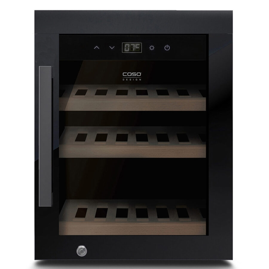 WineExclusive 12 wine cooler with sleek glass front, empty shelves visible, premium wine storage with UV protection