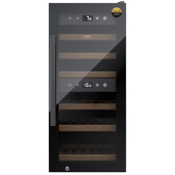 CASO WineExclusive 24 Smart wine fridge with app control, dual zones, UV glass, and capacity for 24 bottles