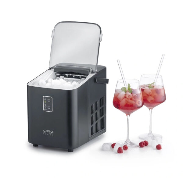 Caso IceChef Compact on white background with open lid showing ice cubes, two glasses with red drink, mint, raspberries.