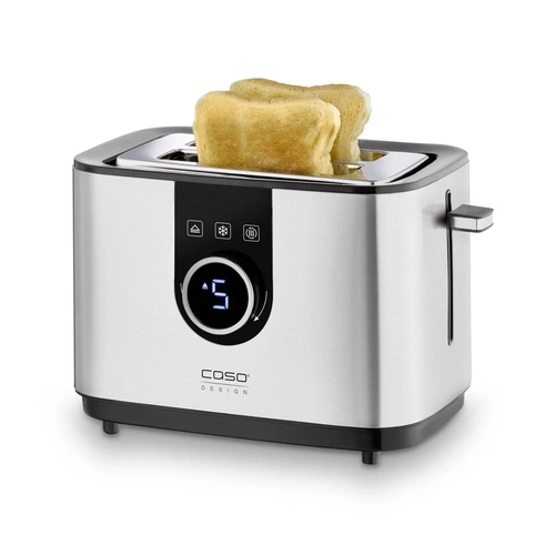 Caso T2 toaster on a white background with two toasted breads inside