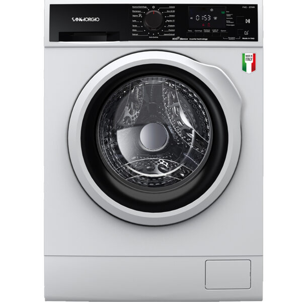 Front view of Sangiorgio F914CA9 washing machine on white background with Italian flag and 'Made in Italy' label