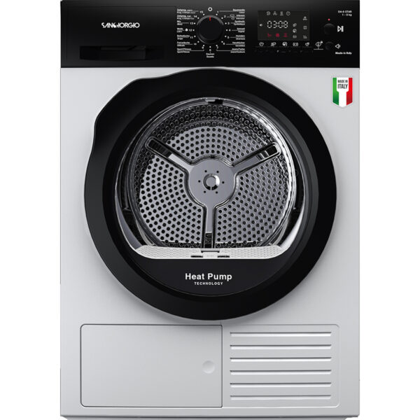 Front view of Sangiorgio SDR8I tumble dryer on white background with Italian flag and 'Made in Italy' label.