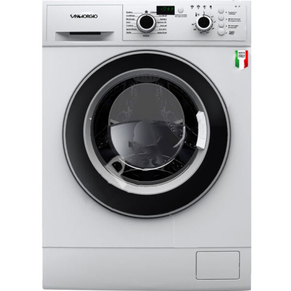 Front view of Sangiorgio SENS812D 8 kg washing machine on white background with Italian flag and 'Made in Italy' label