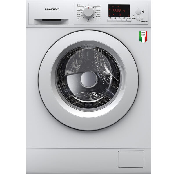 Front view of Sangiorgio SLIM-FS712D 7 kg slim washing machine on white background with Italian flag and 'Made in Italy' label