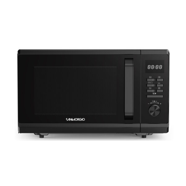 Sangorgio SMW23GBD black digital microwave with grill on white background.