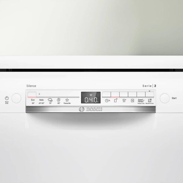 Bosch SMS2HTW06E panel close-up, showing programmes including Half Wash.