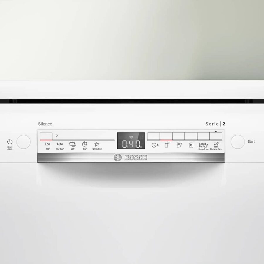 Bosch SMS2HTW06E panel close-up, showing programmes including Half Wash.