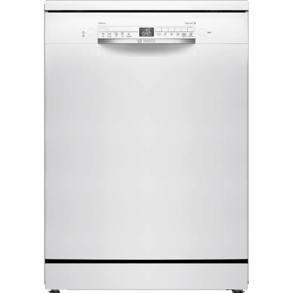 Bosch SMS2HTW06E 60cm dishwasher closed and panel showing programmes.