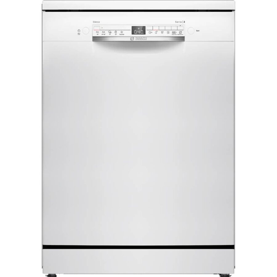 Bosch SMS2HTW06E 60cm dishwasher closed and panel showing programmes.