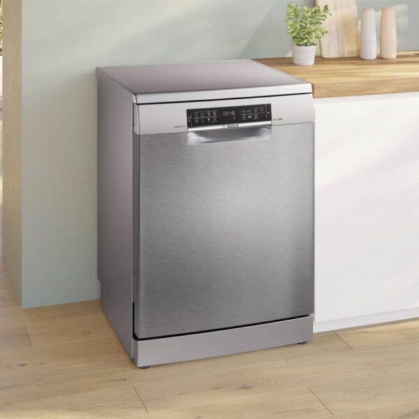 Bosch SMS6ECI12E 60cm dishwasher open, showing Max Flex baskets, VarioDrawer, and ExtraDry drying performance.
