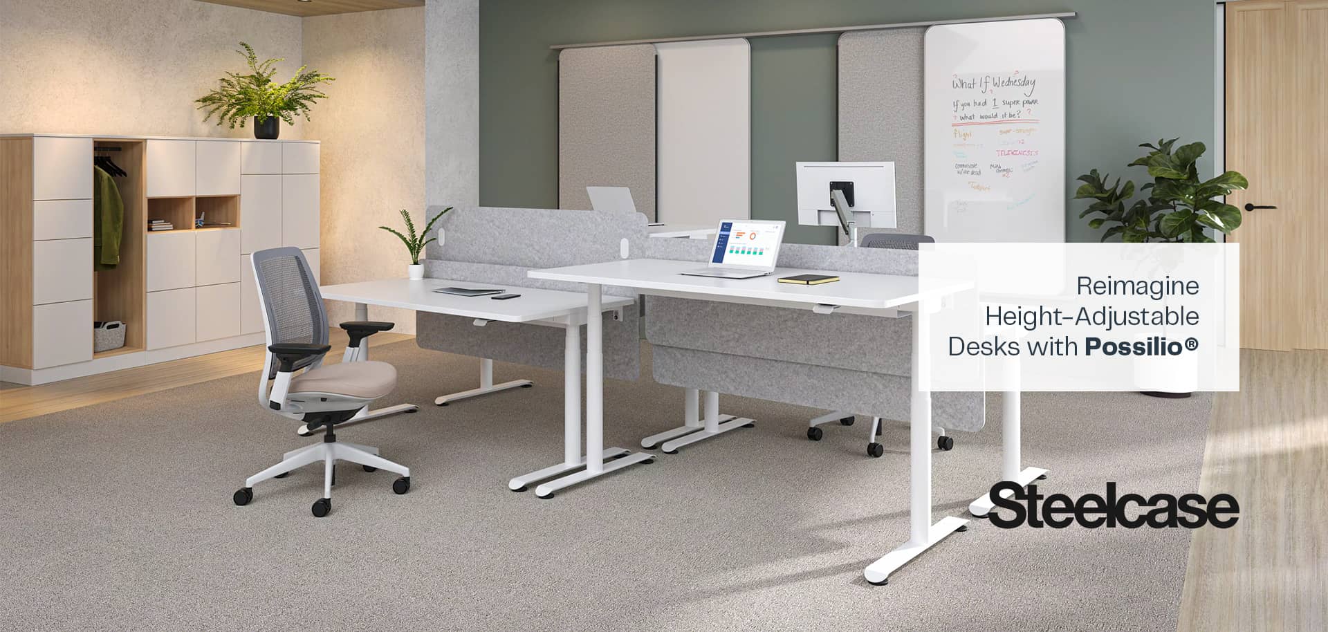 Height-adjustable desks and Benches by Steelcase Europe.