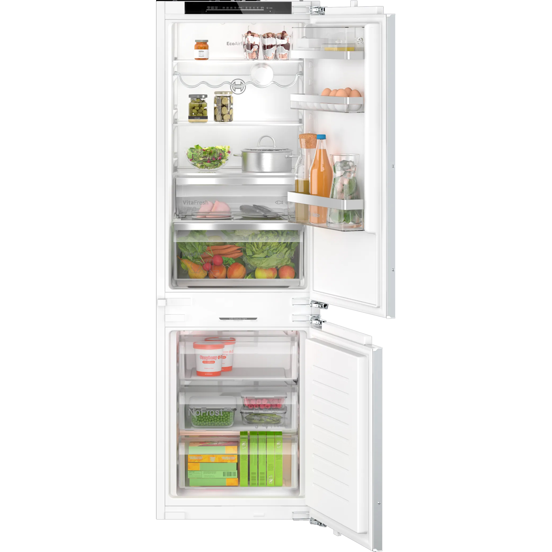 Bosch KIN86ADD0 built-in fridge-freezer VitaFresh XXL Fridge, NoFrost and Eco Airflow for longer freshness, efficiency and convenience.