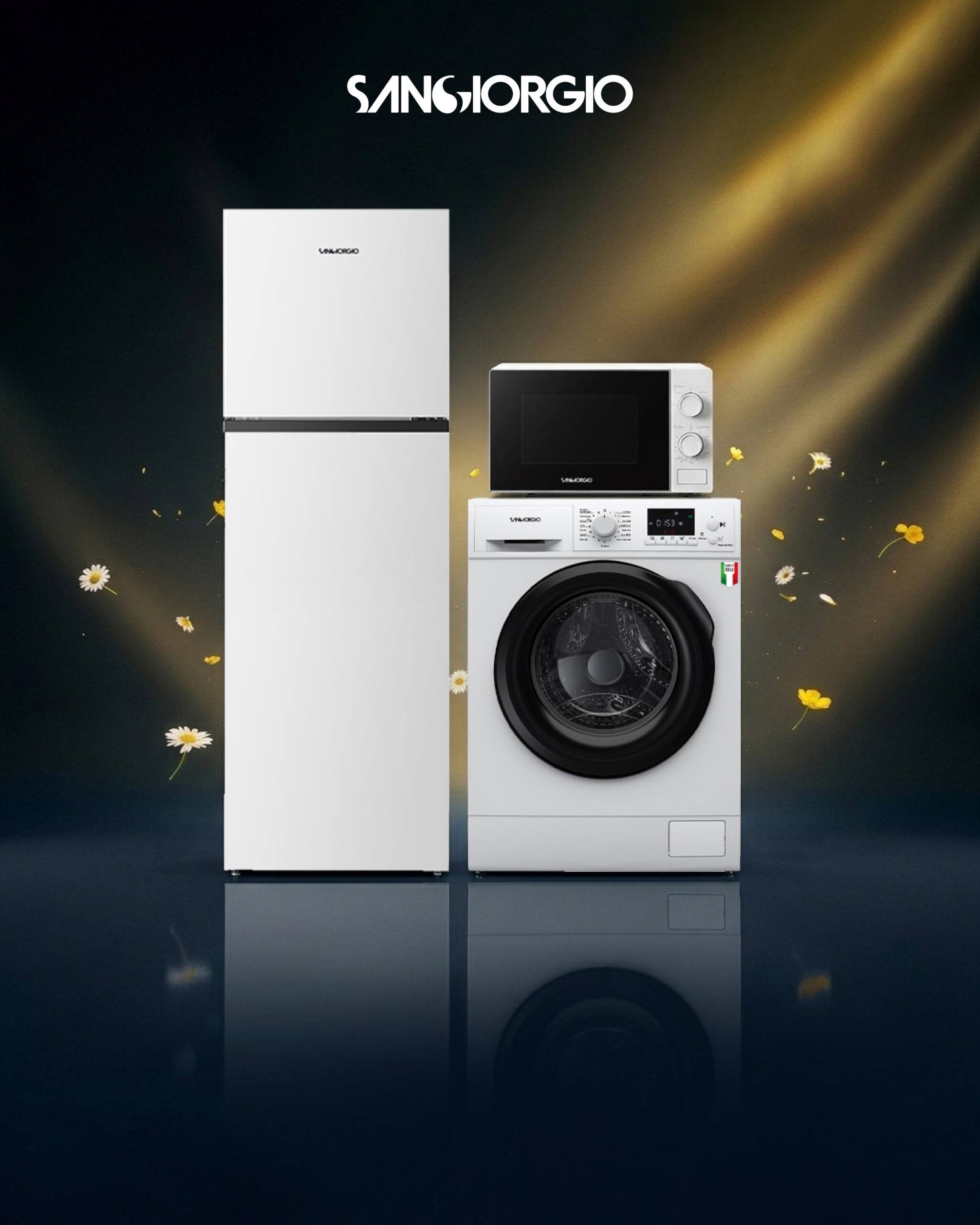 Sangiorgio appliance combo with microwave SMW20SW washing machine F812D and fridge freezer SD26NFWHE