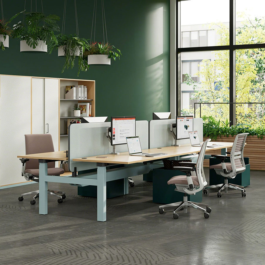 Height adjustable desk in bench configuration