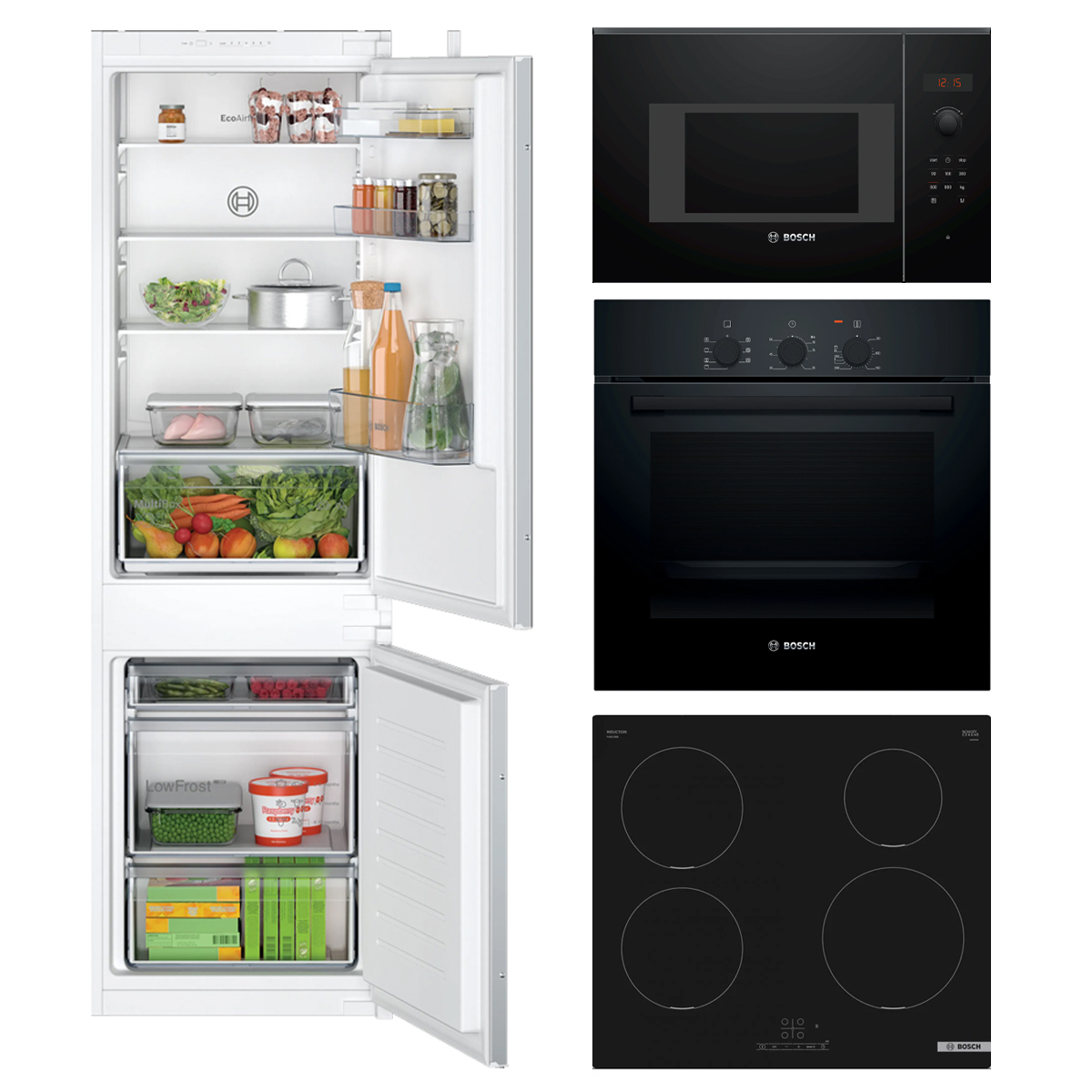 Bosch built-in appliance package with oven HBF011BA2, microwave BFL523MB1F, induction hob PUE611BB5D and fridge freezer KIV86NSE0