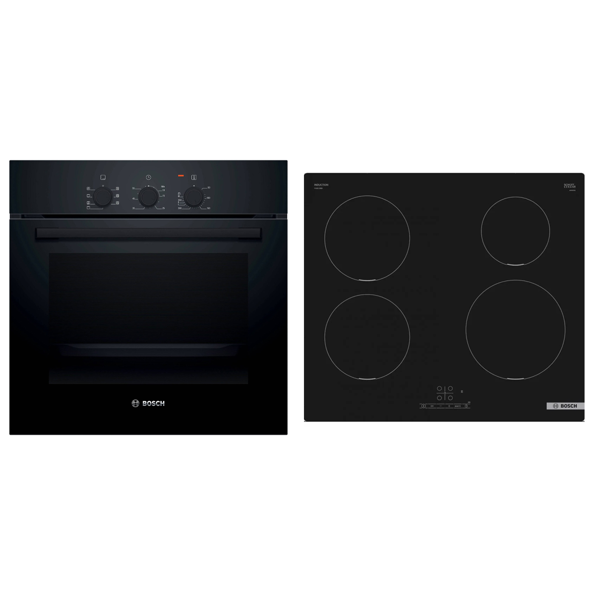 Bosch built-in oven HBF011BA2 and induction hob PUE611BB5D appliance package for modern kitchens
