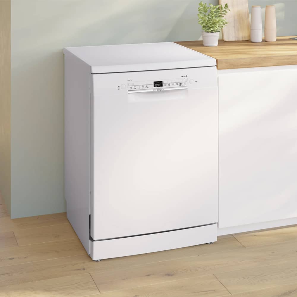 Bosch SMS2HTW06E 60cm dishwasher closed and panel showing programmes.