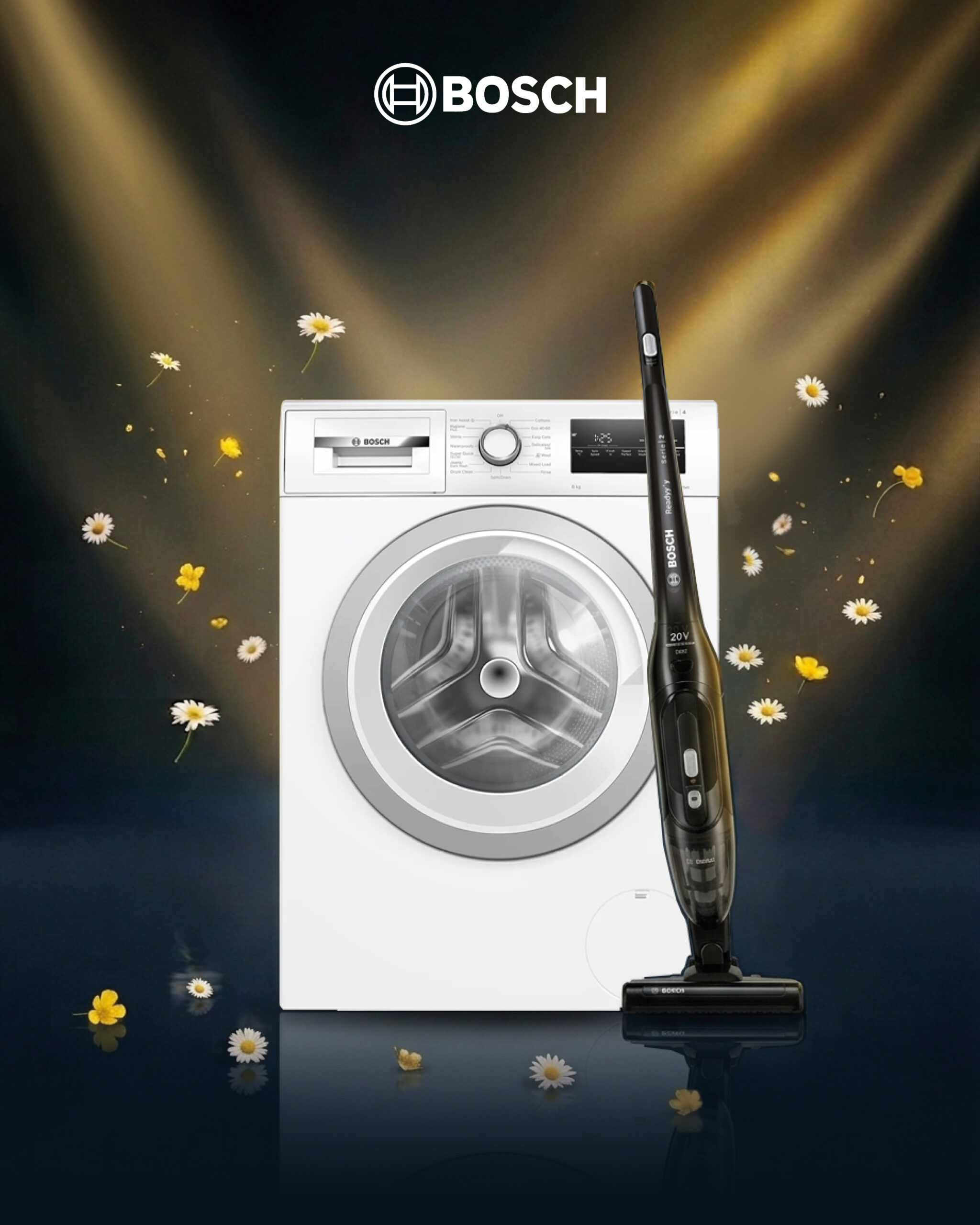 Bosch washing machine WAN28258GB and Bosch cordless vacuum BBHF220 cleaning combo set for home use