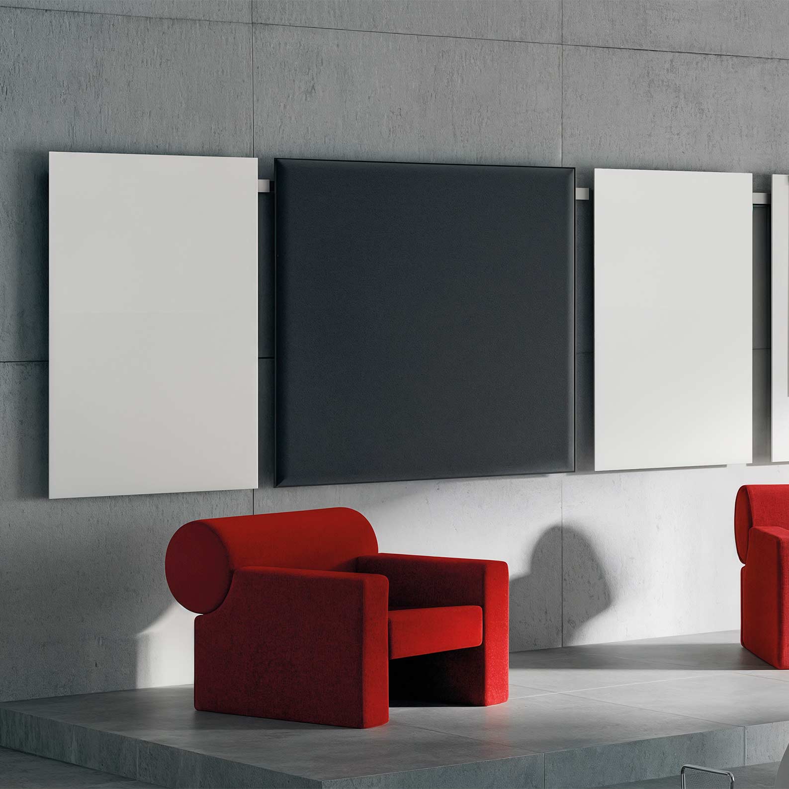 Modular Caimi Acoustic Screens & Dividers with satin aluminum frame, magnetic writing boards, and Snowsound acoustic panels in a modern meeting room.