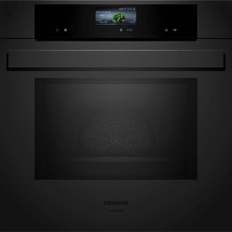 Siemens HM976GMM1 built-in oven with microwave in matte black, featuring a full-width glass door and TFT touch display.