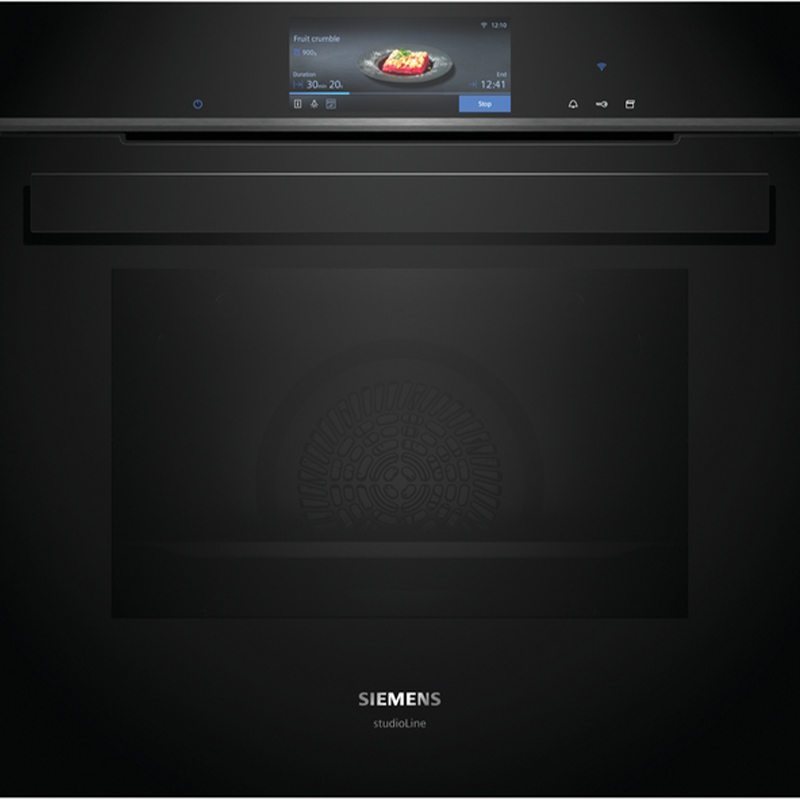 Siemens HS958GCB1 iQ700 built-in steam oven in black with TFT touch display, fullSteam Plus cooking, sous-vide functionality, Home Connect smart controls and self-cleaning system.