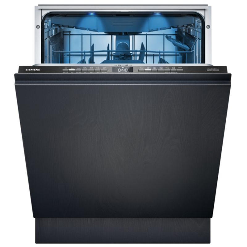 Open Siemens SN73H806CE dishwasher on a white background, featuring adjustable racks and illuminated blue interior lighting.