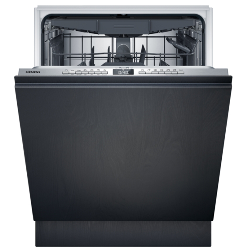 Siemens SN73HX16CE fully integrated dishwasher on a white background with its door open, showing the interior racks and loading area.
