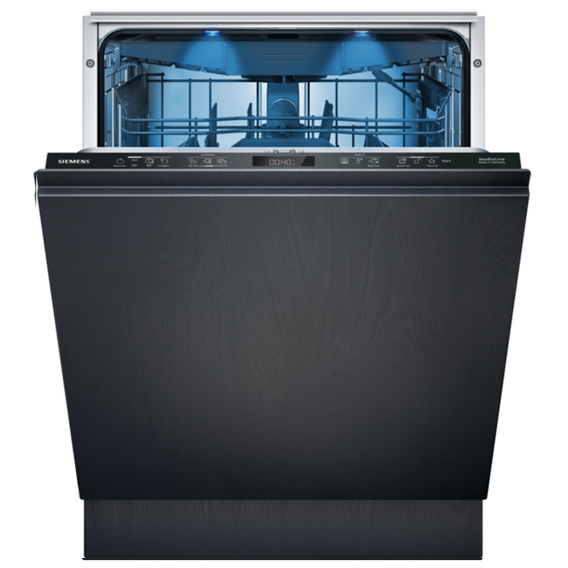 Siemens SN95Z802CE fully integrated dishwasher on a white background with its door open, showing the flexComfort basket system and spacious interior.